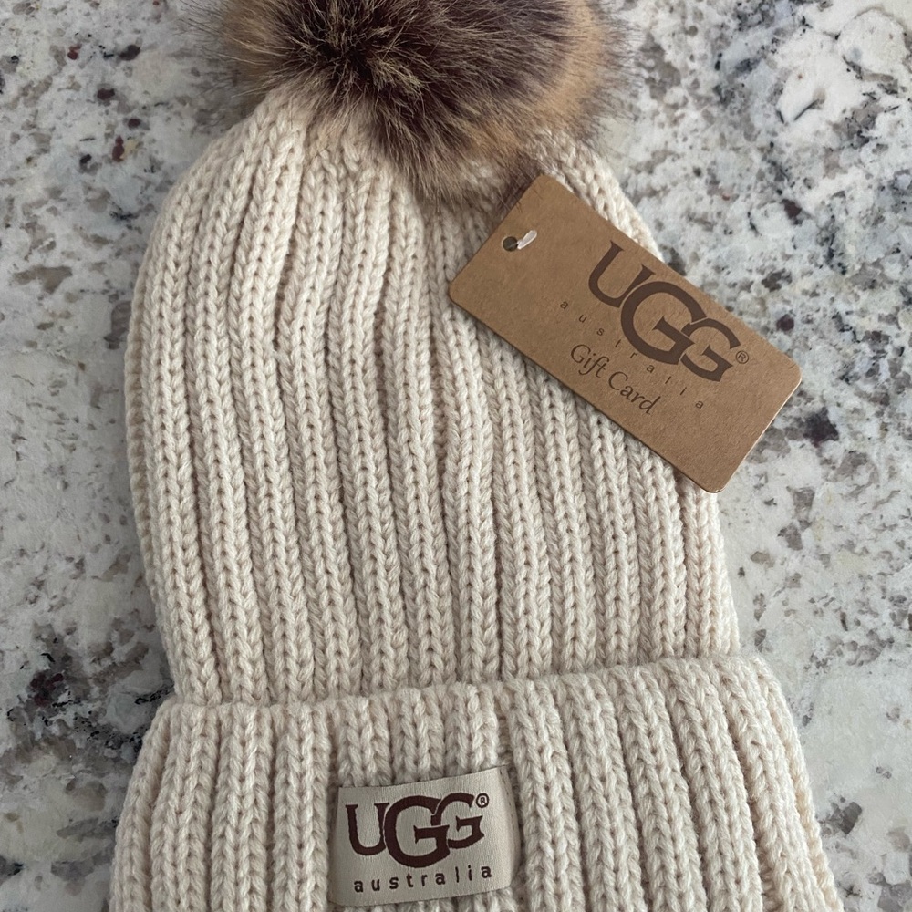 UGG Beige Knit Beanie with Brown Pom